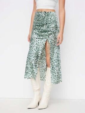 Cider Mint Green Leopard Print Drawstring Split Maxi Skirt Size XL/10